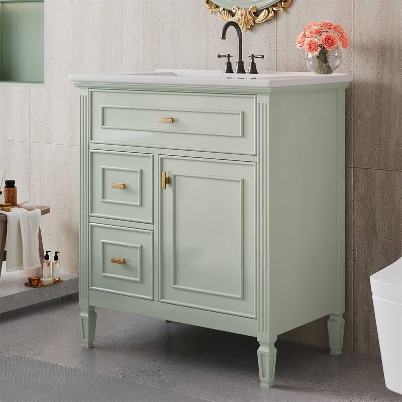 30" Bathroom Vanity with Ceramic Sink Combo, Bathroom Vanity Cabinet with 1 Flip Drawer, 2 Drawers & Adjustable Shelf