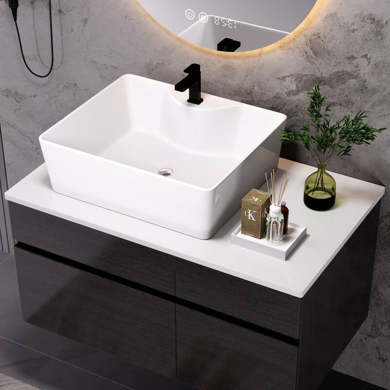 GDFStudio - Modern 31.5" Floating Wall-Mounted Bathroom Vanity with Vessel Sink, Soft-Close Drawer & Double Door Storage
