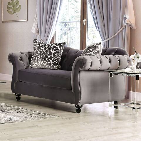 Furniture of America Addae Glam Grey Fabric Button Tufted Loveseat