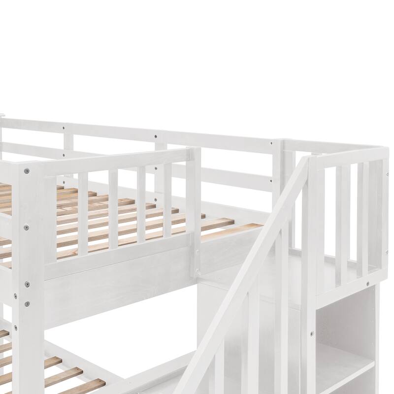 Stairway Bunk Bed with Drawers and Storage Steps, Twin Over Full Storage Platform Bed with Slide, Ladder, Guardrails and Armrest