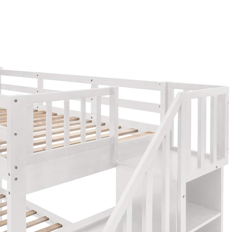 White Twin-Over-Full Solid Pine Bunk Bed with Storage and Ladder