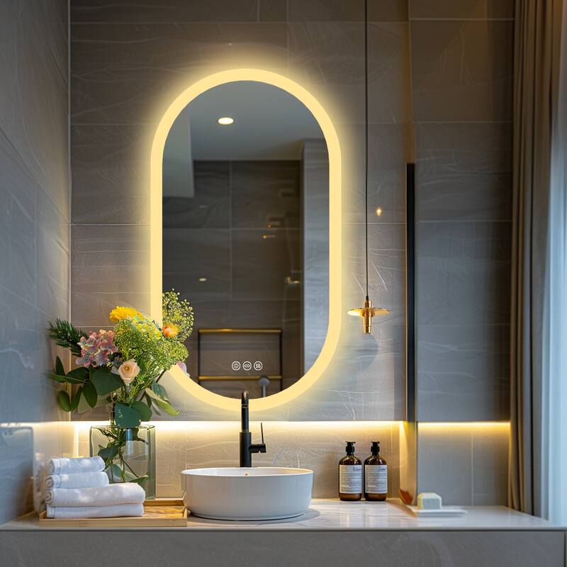 39''Wall-mounted Led Backlight Bathroom Vanity Mirror for Decor & Makeup - Glossy White - 19.6x39.3''