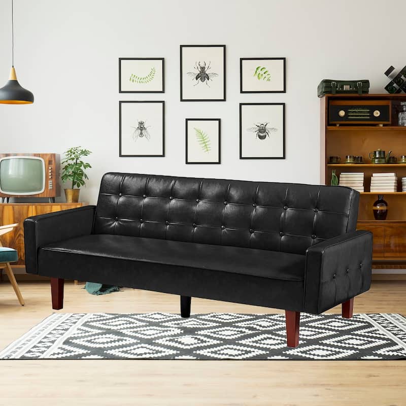 Sofa Bed, Futon Couch Bed, Faux Leather Love Seats Sofa Futons, Loveseat Sleeper Bed For Living Room, Guest - Black