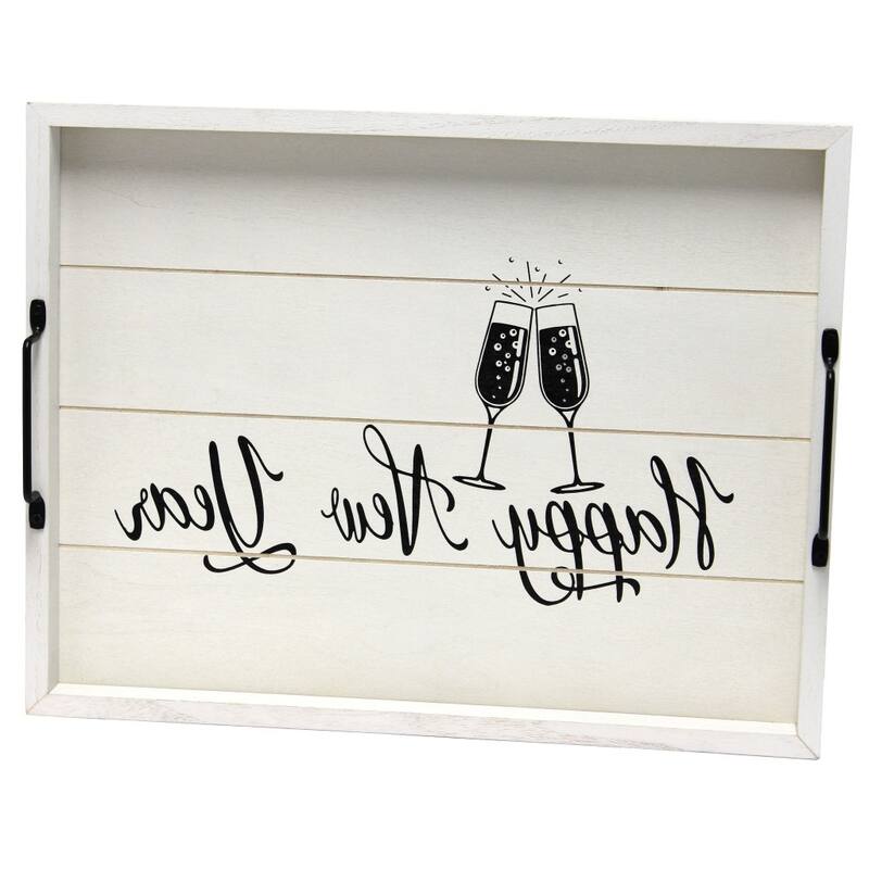 HomeRoots 16" Light Gray And Black Happy New Year Serving Tray With Handles - 15.50 in. x 2.25 in. x 12.00 in.