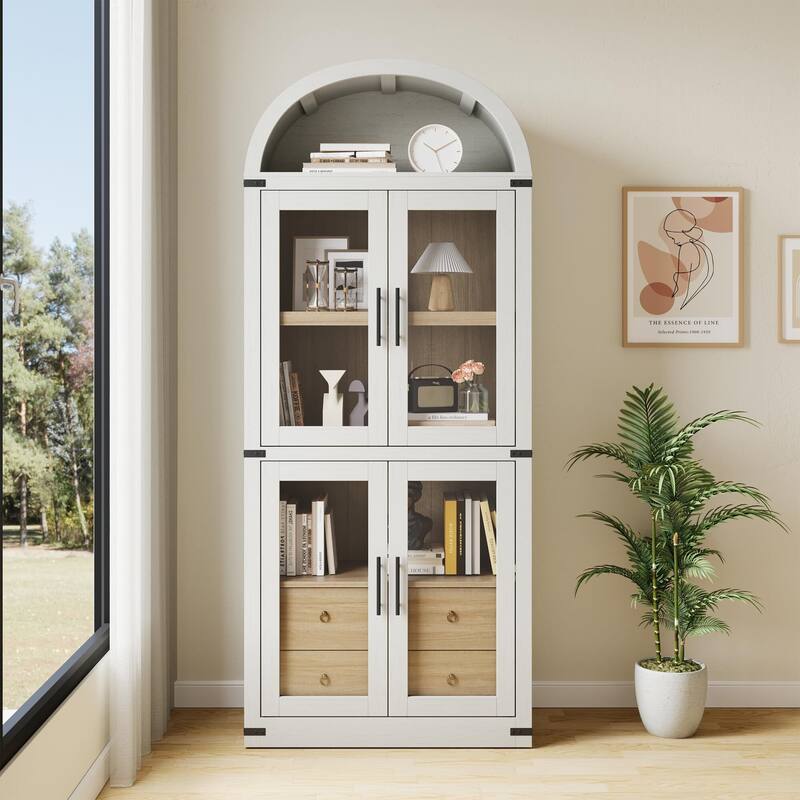 71" Tall Bookshelf, 4 Tier Book Shelf with 2 Storage Drawers, with Doors