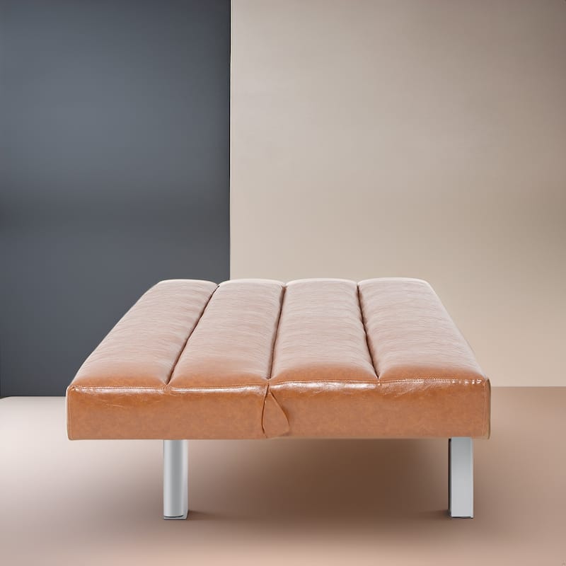 Modern Faux Leather Futon Sofa Bed - Convertible Folding Couch with Chrome Legs, Small Reclining Sofa