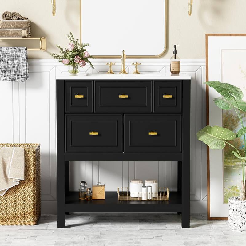 Bathroom Vanity with Ceramic Sink, Bathroom Storage Cabinet with 5 Drawers, Bathroom Vanity Set with Open Shelf