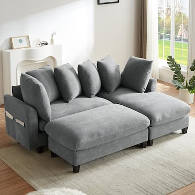 83" L-shaped Sectional Sofa with Storage, Ottoman, Pillows, Grey Chenille for Living Room