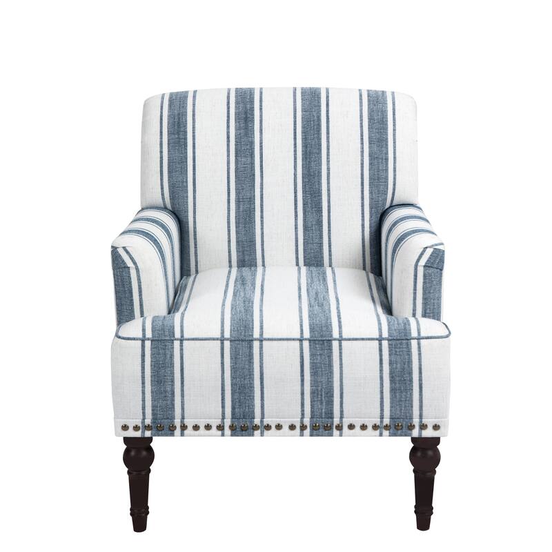 Set 2 Striped Upholstered Linen Armchair with Brass Nailhead Trim