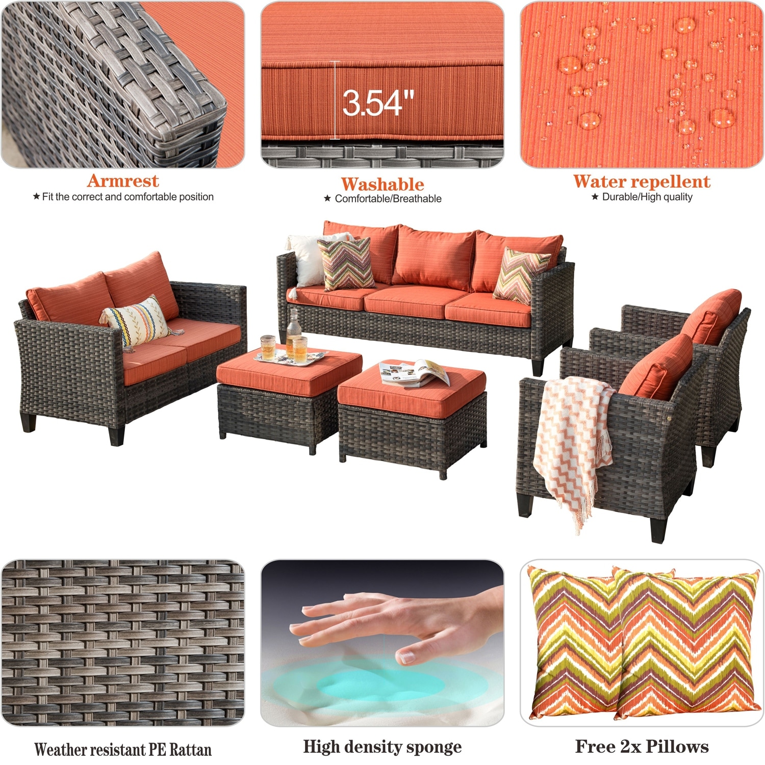 OVIOS 6-piece Patio Wicker Furniture Loveseat Conversation - Picture 29 of 29