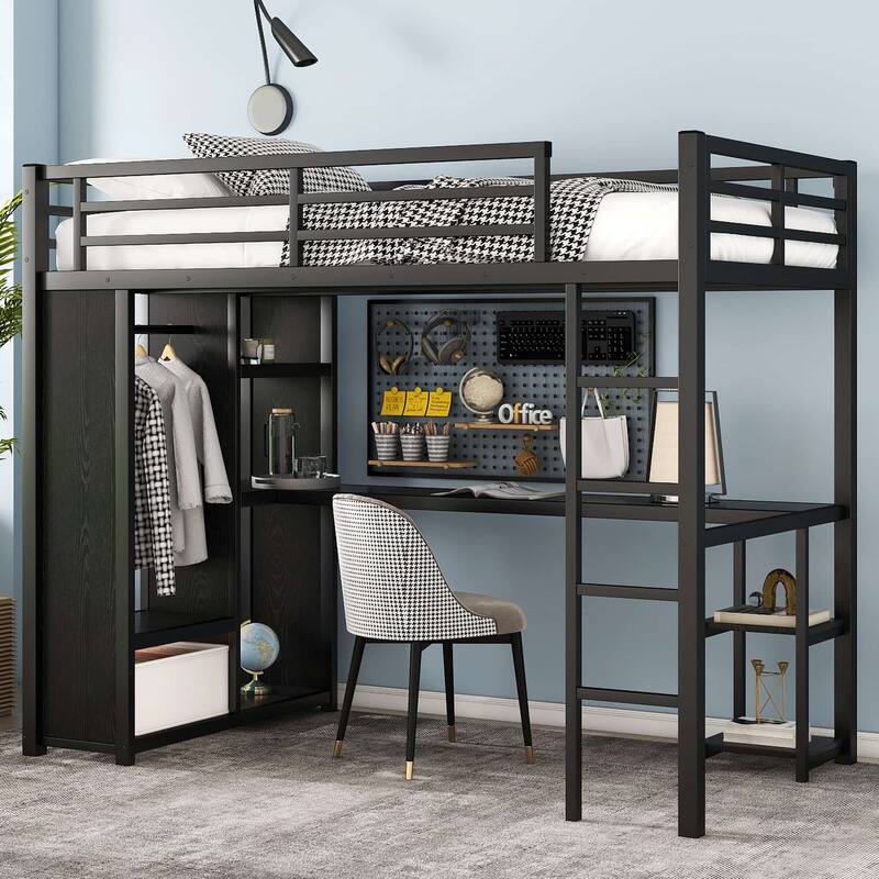 Black Metal Loft Bed Frame with Built-in Wardrobe, Desk and Shelves - Twin XL