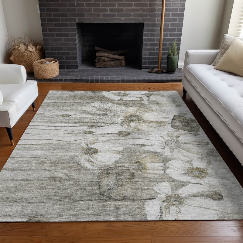 Machine Washable Indoor/ Outdoor Chantille Modern Floral Rug - Taupe - 3' x 5'