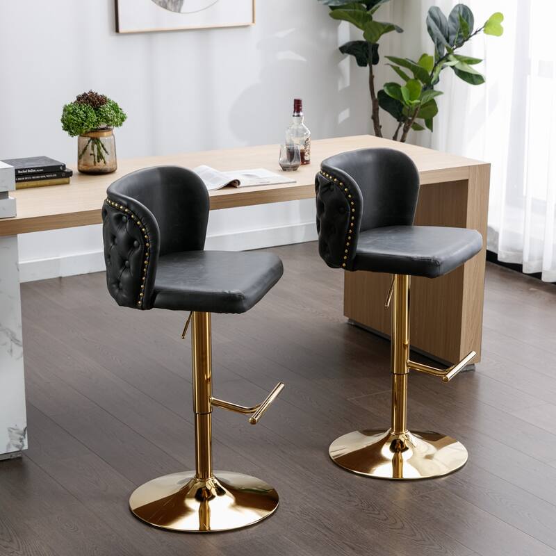 Set of 2 Adjusatble Swivel Bar Stools with PU Leather Tufted Back