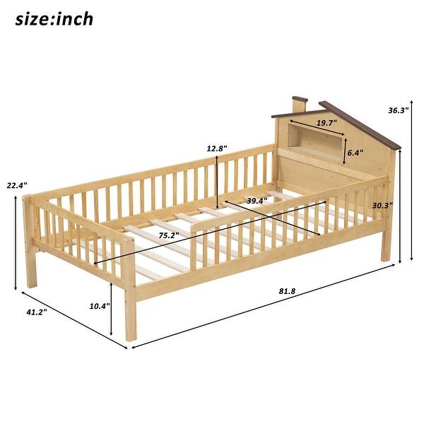 Twin Size Wood Kids Platform Bed with House-Shaped Headboard, Built-in LED Light, Guardrails Storage for Bedroom, Natural