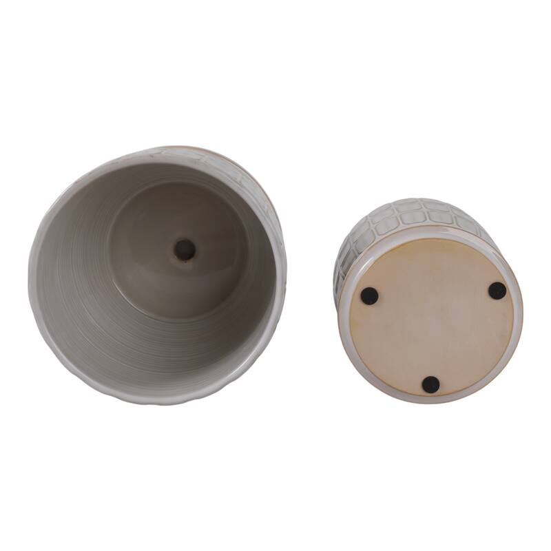 Stoneware Saucer Planters with Embossed Geometric Texture (Set of 2)