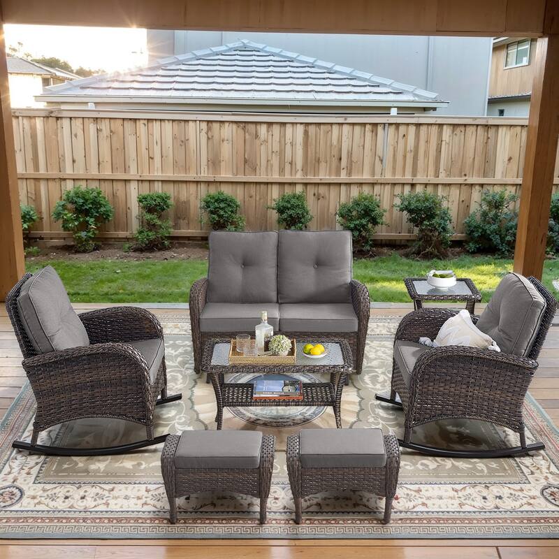 Patio Glider Sofa with Rocking Chair, Ottoman, Side Table - Grey - Brown