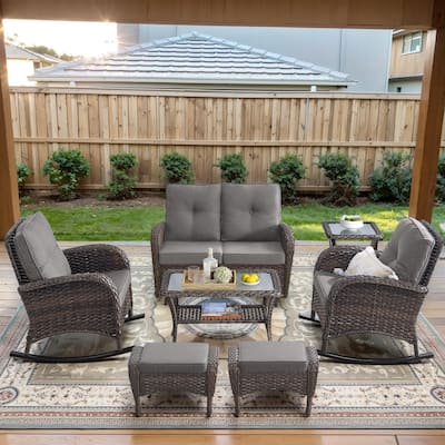Patio Rocking Sofa with Chair with Ottomans Coffee Table - Brown