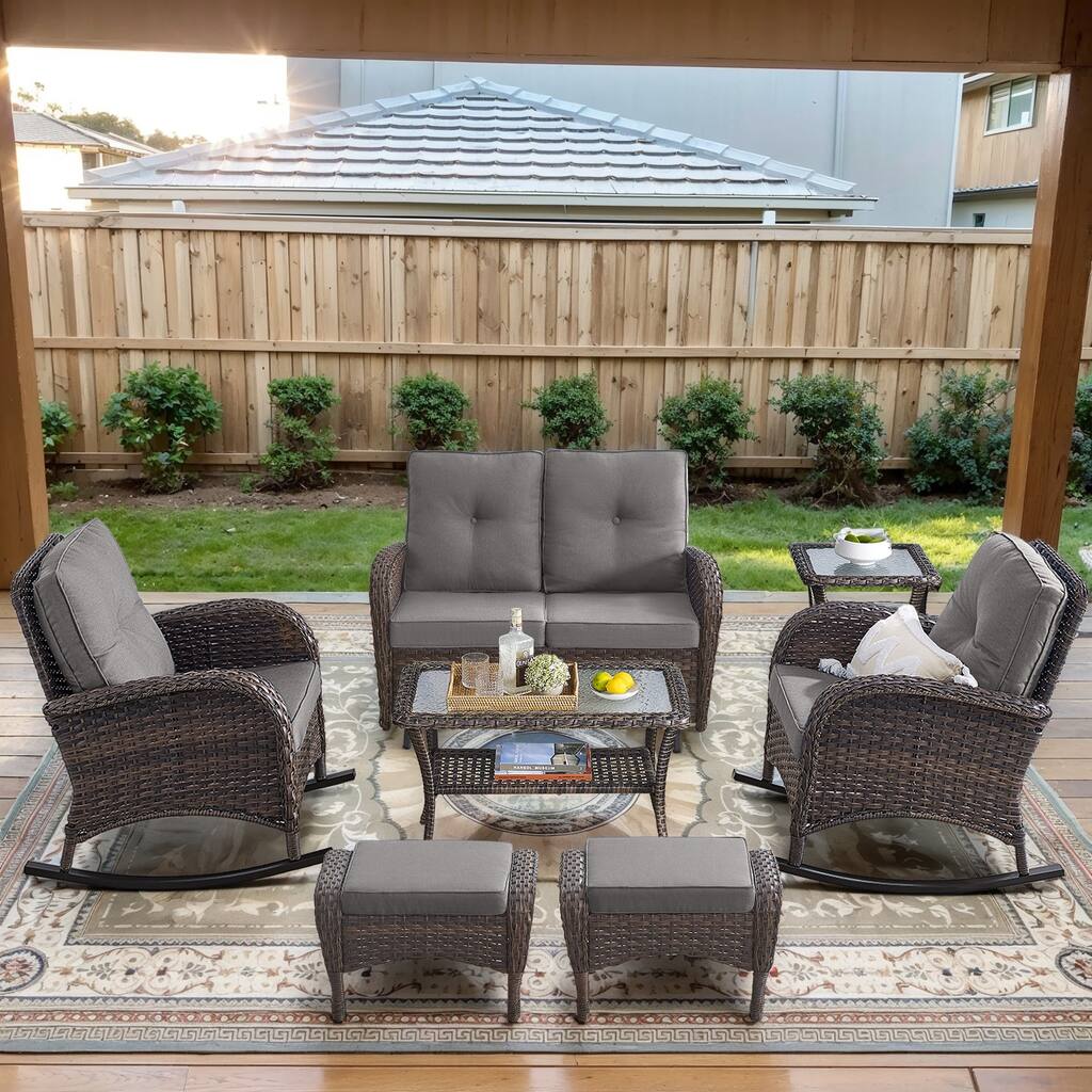 Patio Rocking Sofa with Chair with Ottomans Coffee Table - Brown