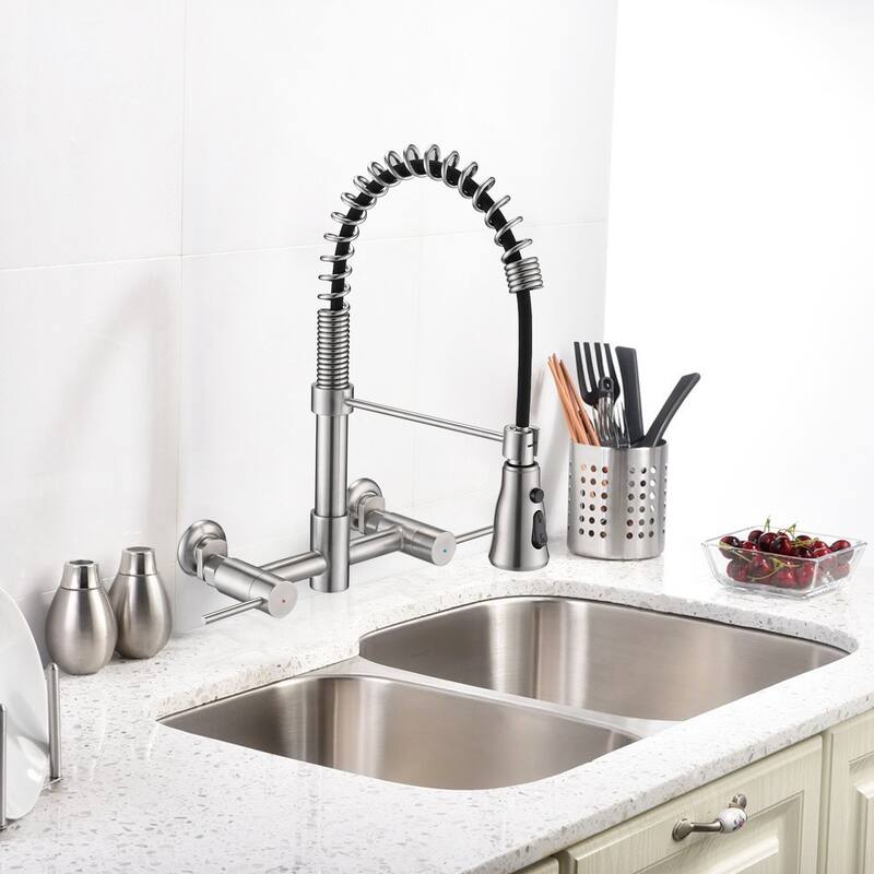 PROOX Double Handle Kitchen Faucet with Pull Out Sprayer Wall Mounted