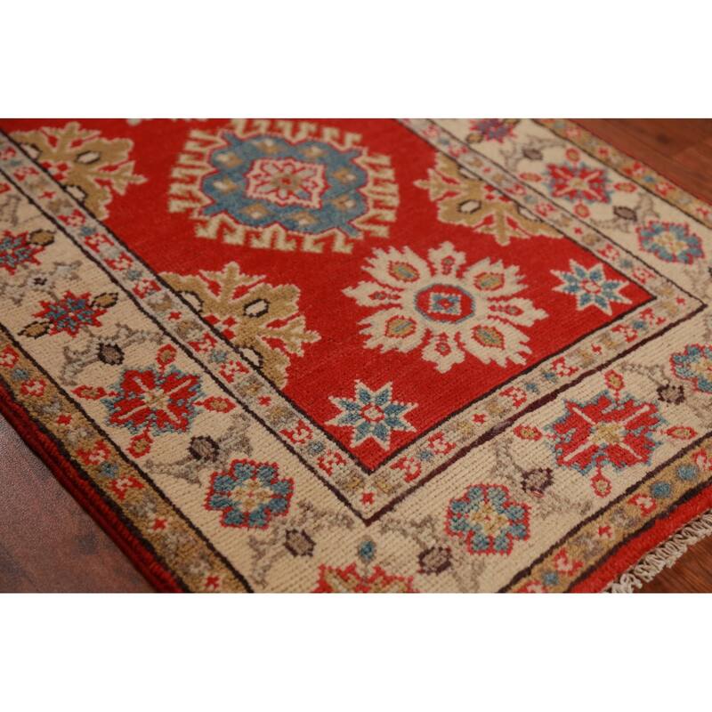 Red Kazak Oriental Foyer Rug Geometric Handmade Wool Carpet - 2'0"x 3'0"