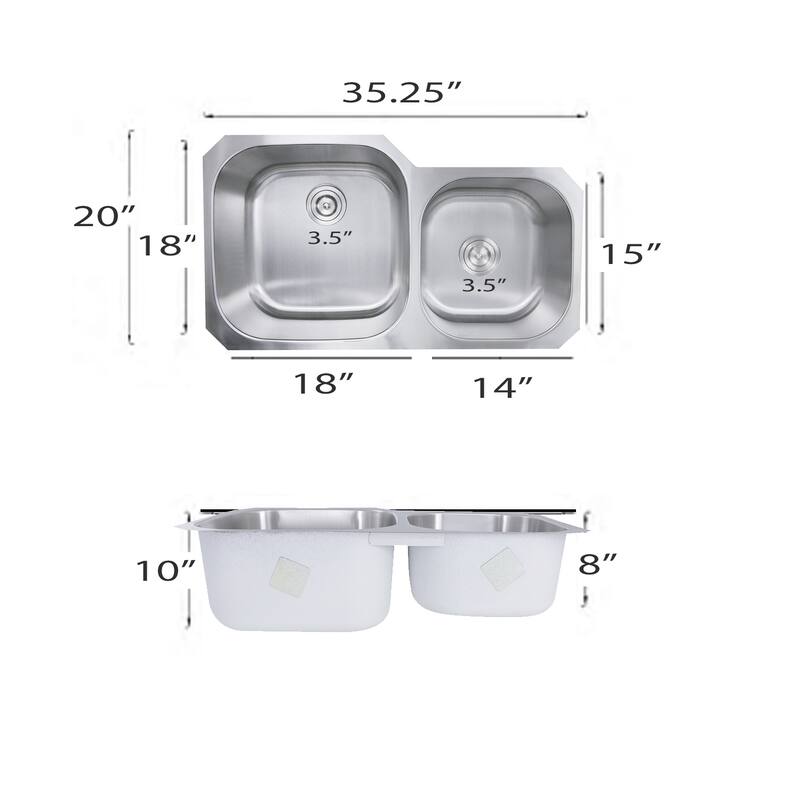 35 Inch Undermount Stainless Steel Double Bowl Kitchen Sink - 35 x 20 x 10 inches