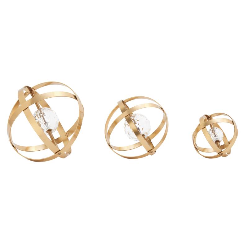 Metal Geometric Orb Decorative Sculpture with Acrylic Center - Set of 3 Gold or Silver - Roche River Decor