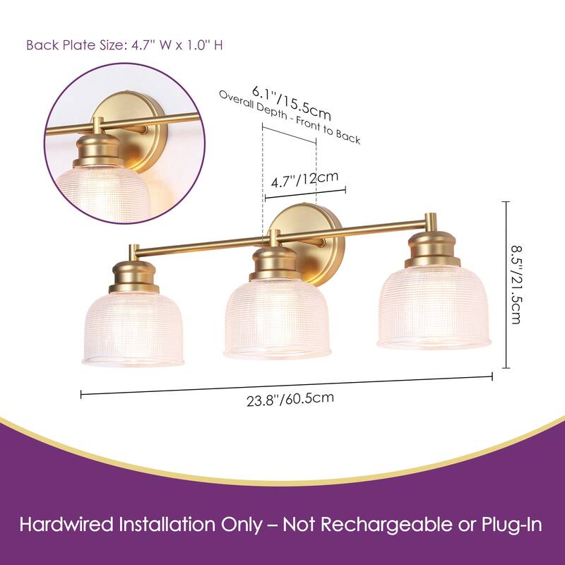 23.8" W 3-Light Retro Industrial Gold Bowl-Shaped Bathroom Vanity Light with Clear Chequered Textured Glass Shades