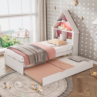 Twin Size House-Shaped Bed with Bookcase Headboard and Led Light Wood Platform Bed Frame with Twin Trundle for Kids Boys Girls