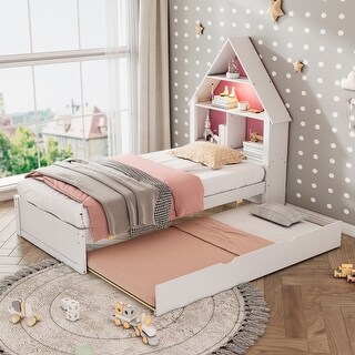 Twin Size House-Shaped Bed with Bookcase Headboard and Led Light