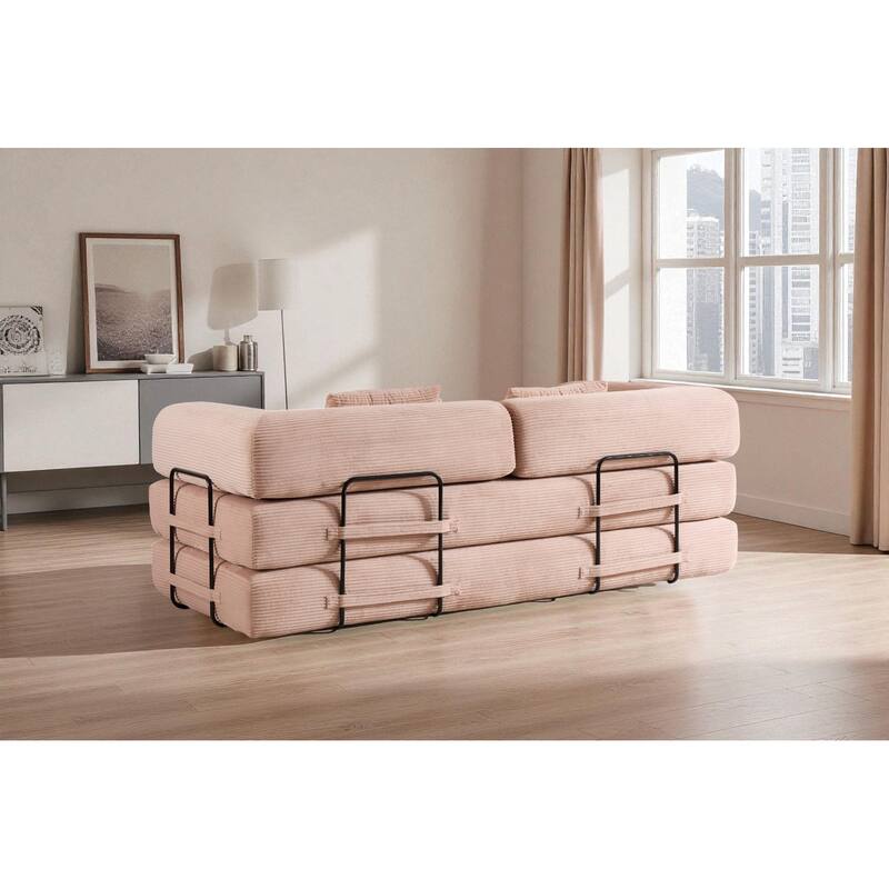 Convertible Corduroy Sleeper Sofa Bed, 4-in-1 Folding Mattress Couch with Cylindrical Pillow & Fixed-Shape Frame, No-Assembly