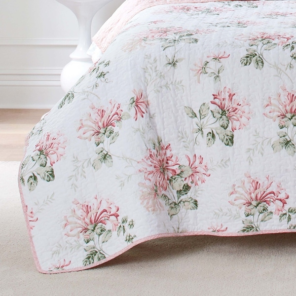 Laura Ashley Honeysuckle Cotton Reversible Pink Quilt Set - On