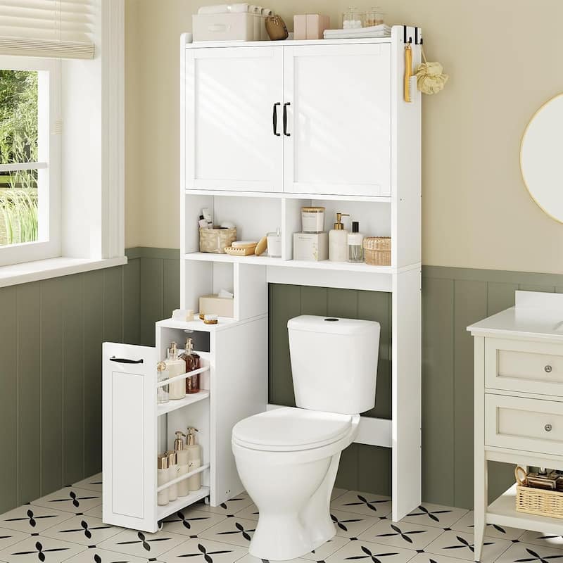 Over The Toilet Bathroom Storage Cabinet Toilet Storage Shelves - Pulley White