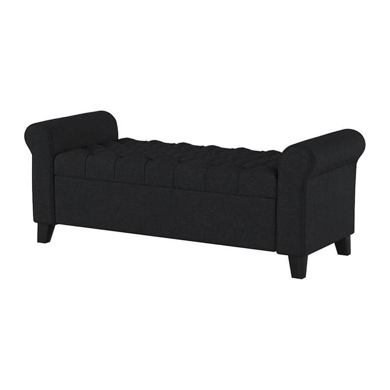 Shawn Storage Bench with Rolled Arms, 50 Inch Button Tufted Dark Gray