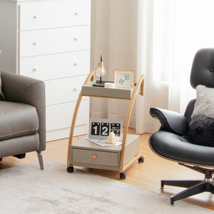 Modern 2-Tier Rolling End Table with Tray Top and Pull-Out Drawer - 16" x 19.5" x 26" (L x W x H)