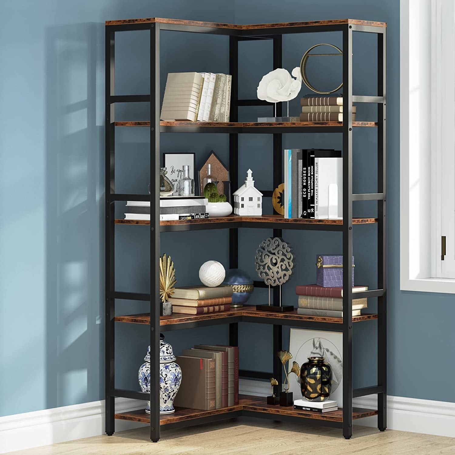 Industrial Corner Bookshelf Tall Corner Etagere Bookcase 5 Tier