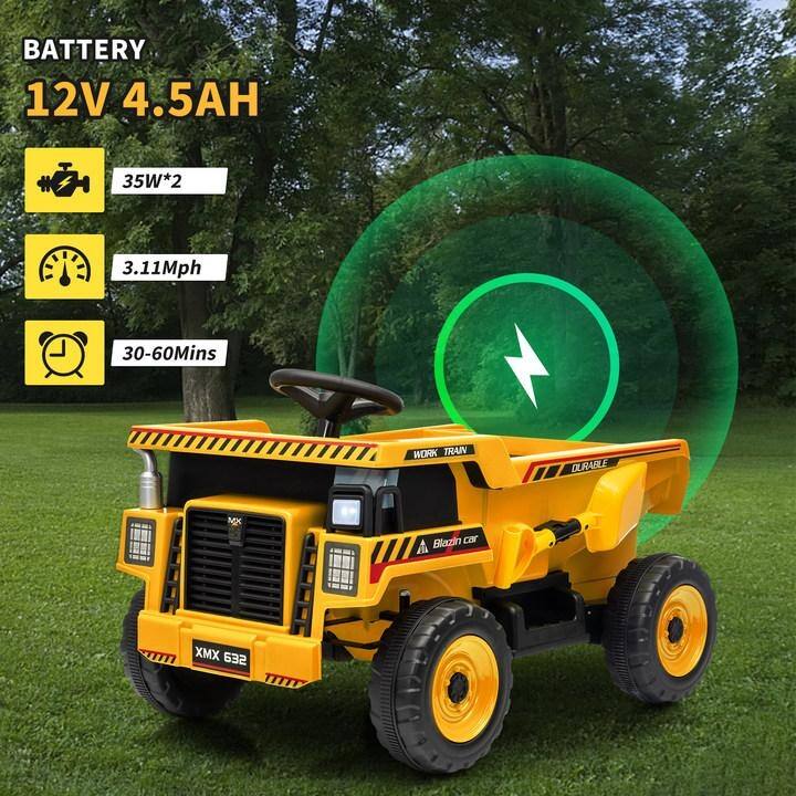 12V Ride-On Dump Truck with Remote Control, Automatic Lift Bed, Shovel & Music Player – for Kids Ages 3–8