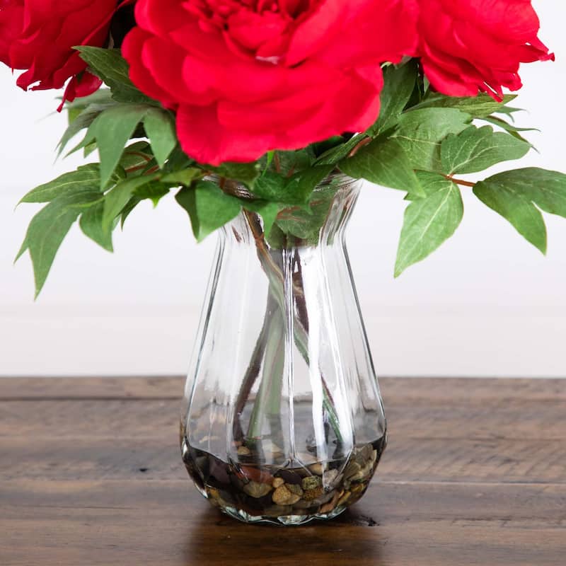 Peony Floral Artificial Arrangement with Glass Vase - 16" - Red and Green