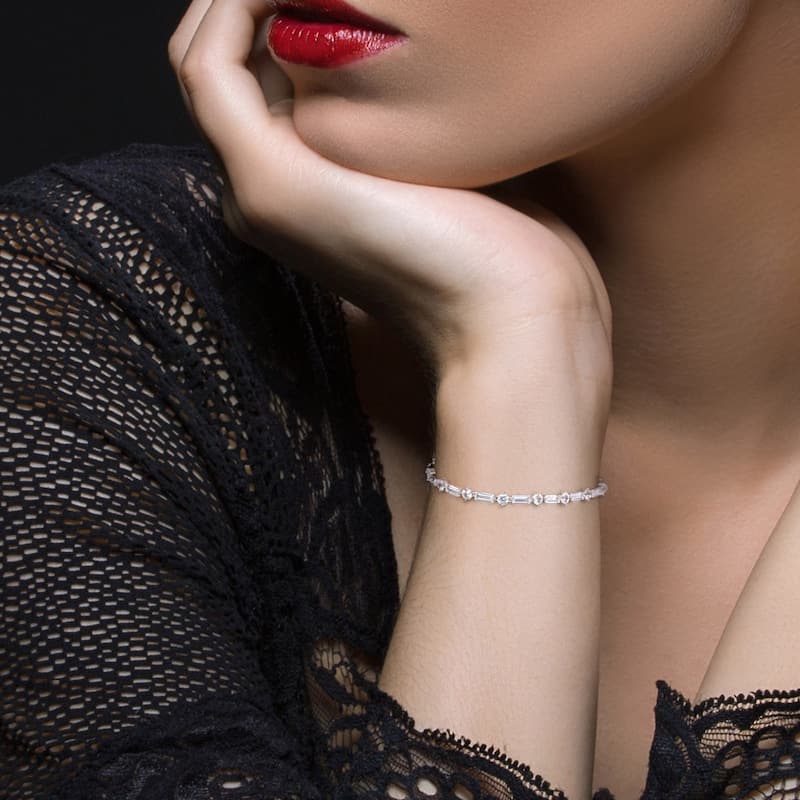 Miadora Baguette and Round-cut Created White Sapphire Tennis Bracelet in Sterling Silver