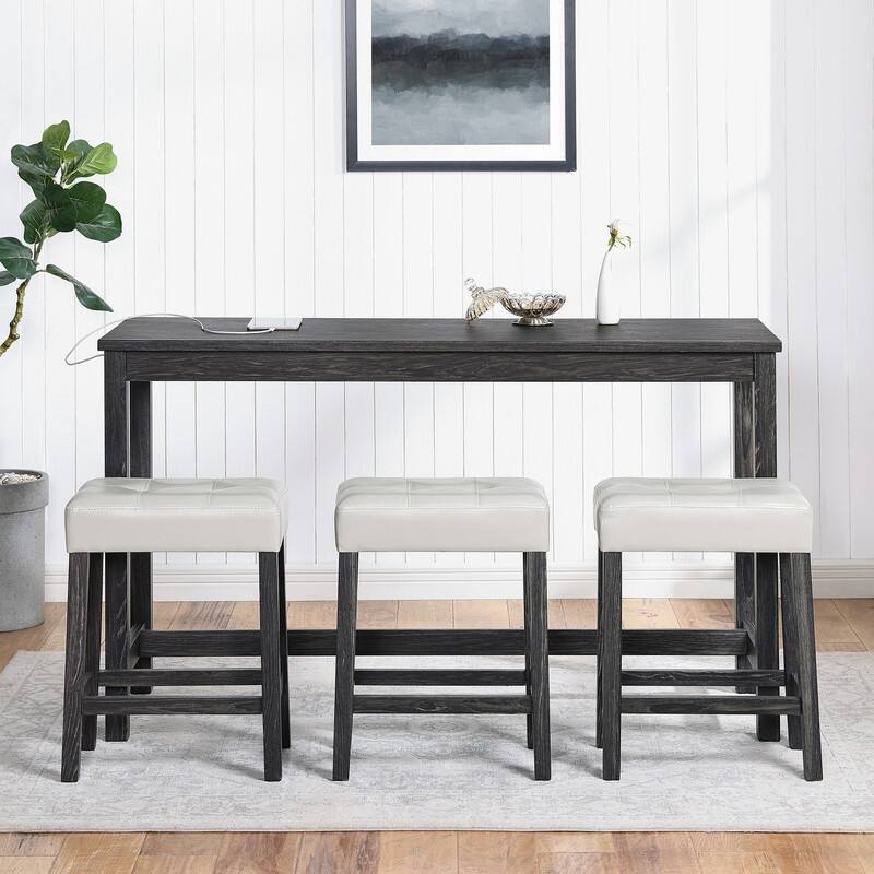 Bar Table Set with 3 Stools and Power Outlet