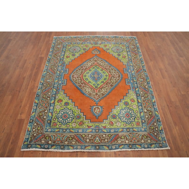 Hand Knotted Oriental 100% Wool Carpet Traditional Medallion Oranges & Rust Tabriz Area Rug - 6' 1'' X 4' 9''