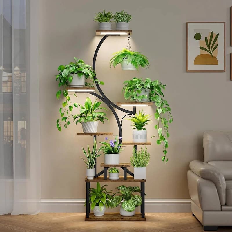 Wood Metal 8-Tier Indoor Plant Stand with S-Shape and Grow Lights - 19.6'' W X 10.2'' D x 62'' H