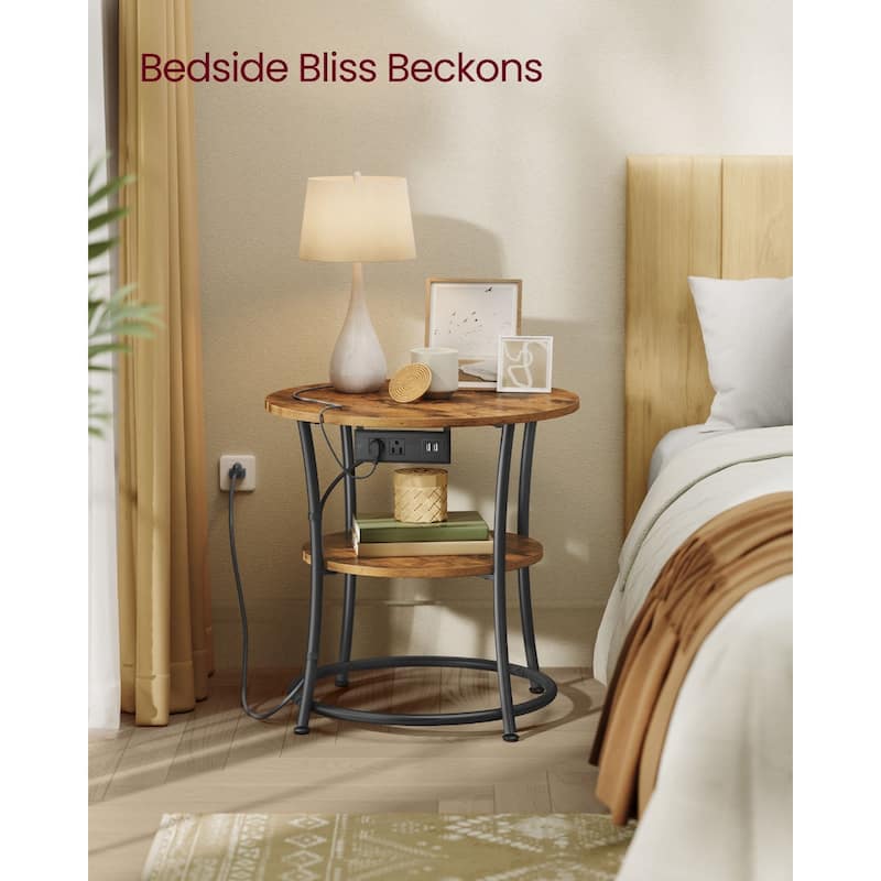Metal Wood Round Side Table with USB Ports and 2 Tier Storage - 21.7"D x 21.7"W x 21.7"H