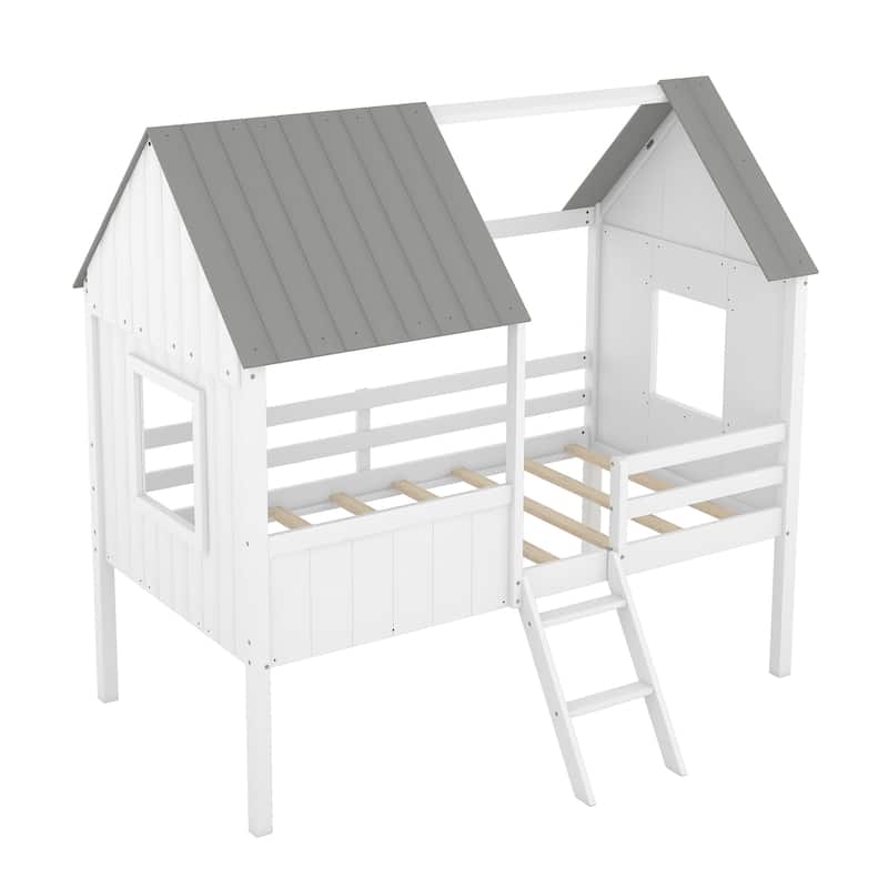 Twin Size Low Loft Wood House bed with Two Side Windows (White+Gray）