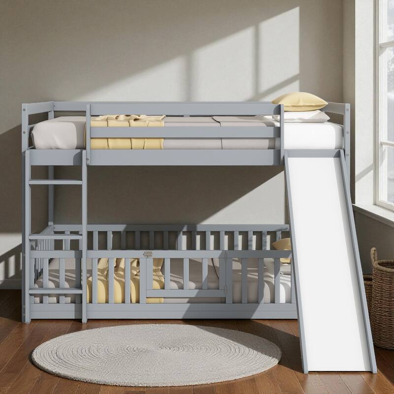 Solid Pine Wood Twin Over Twin Bunk Bed with Slide, Door, Ladder, and Guardrails, Convertible Floor Bunk Bed for Kids - Grey - Twin