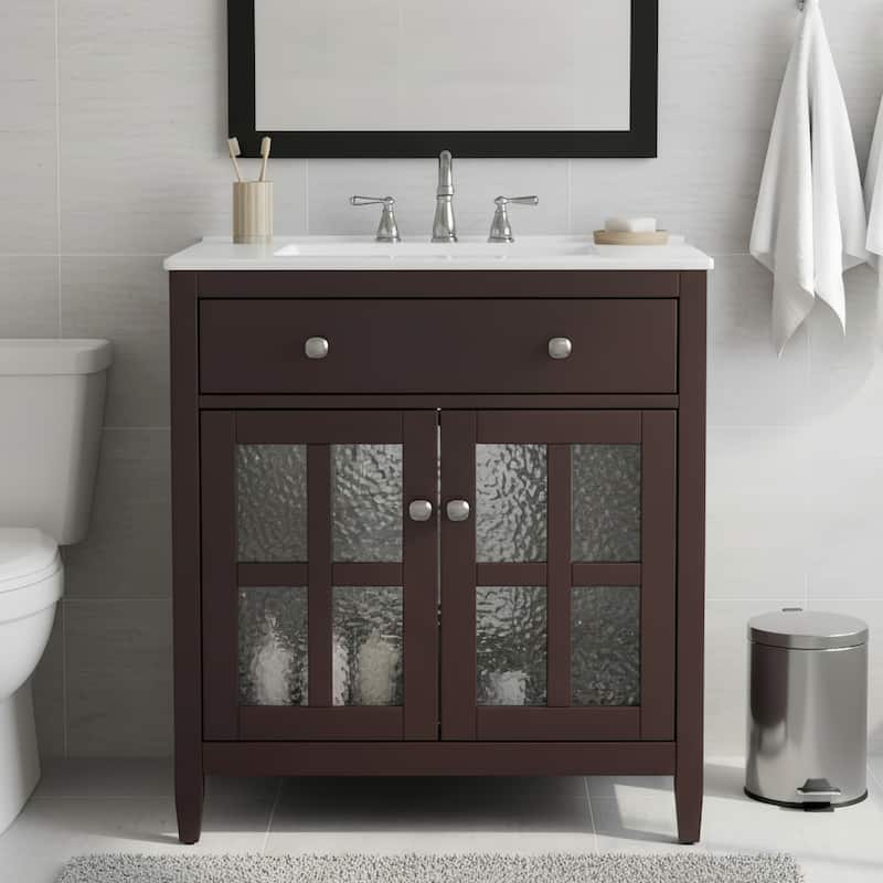 Christopher Knight Home-Josie 30-Inch Bathroom Vanity with Ceramic Sink - Dark Brown