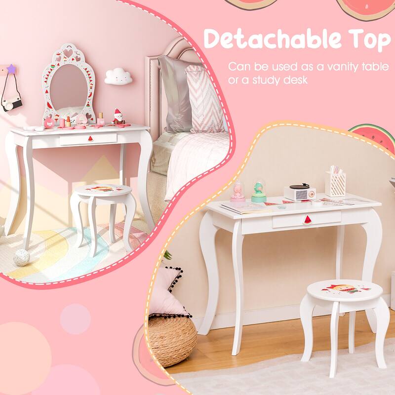 Gymax Kid Vanity Table Stool Set Storage Drawer Watermelon Patterns