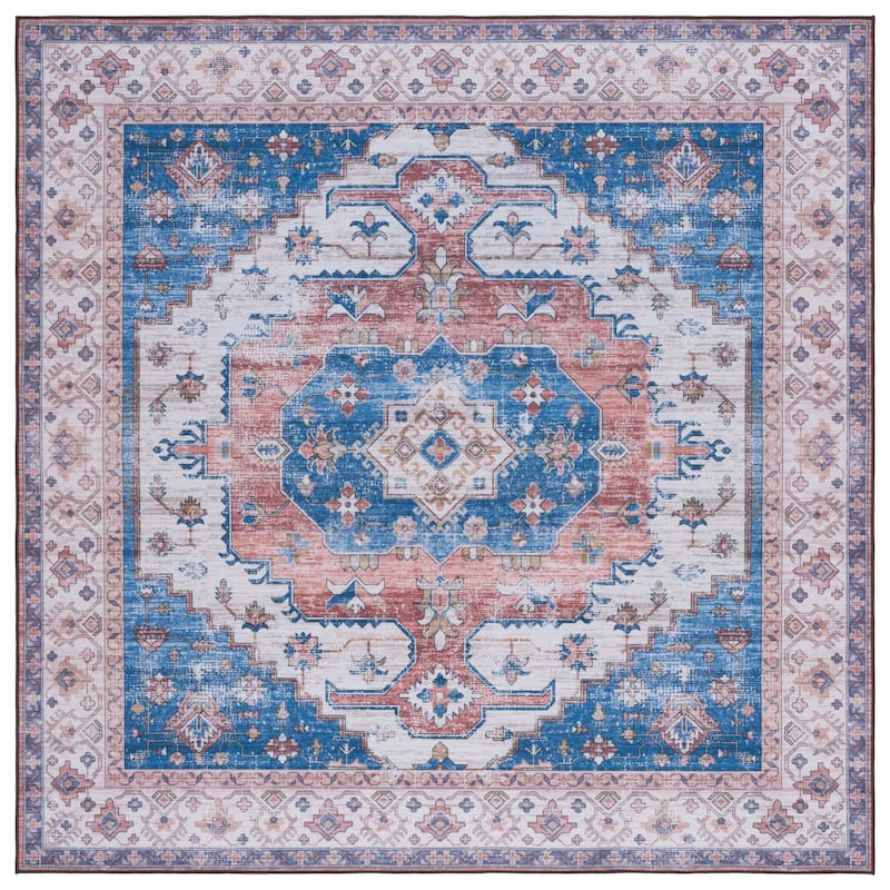 SAFAVIEH Tucson Machine Washable Slip Resistant Namiko Oriental Rug - 6' Square - Beige/Blue