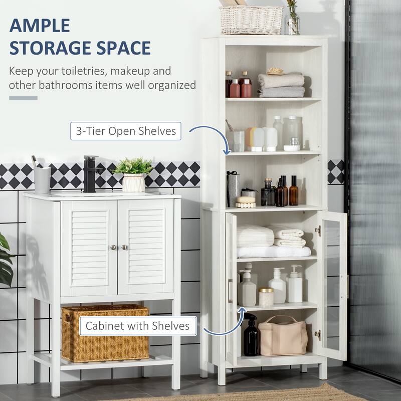 Tall Bathroom Cabinet, Linen Tower with Adjustable Shelves, 3 Tier Shelf & 2 Glass Door