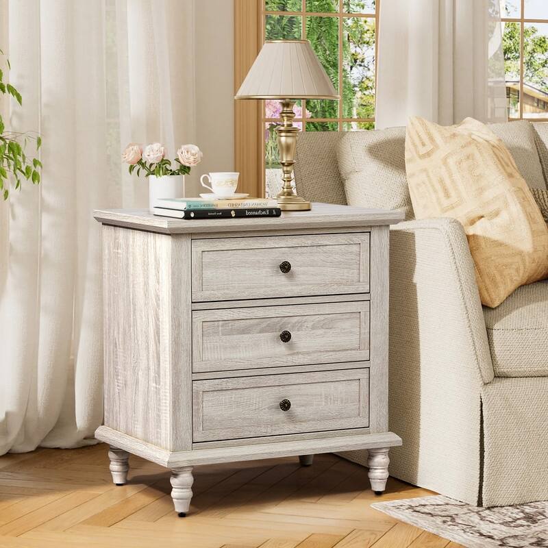 Nightstand with 3 Drawers P2 Particleboard with 3D Paper Finish + Solid Wood Legs 1 Piece - Antique White