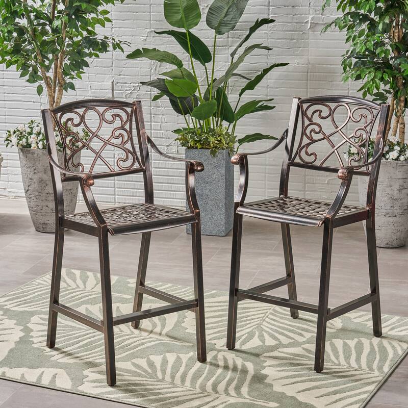 Roomfitters 2-Piece Outdoor Metal Bar Stools, Cast Aluminum Patio Dining Chairs with Ornate Scrollwork Backrest, Copper - Brown